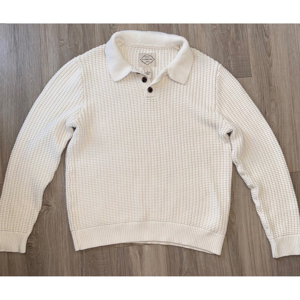 St Johns Bay Mens XL Cream Waffle Knit Polo Sweater Long Sleeve Pullover